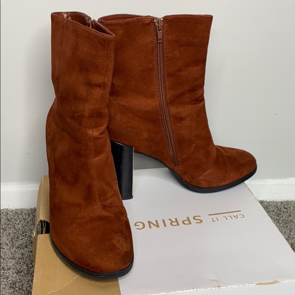 Rust bootie heels with gold